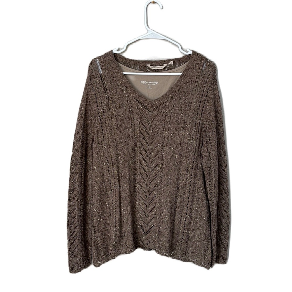 Soft Surroundings Sweater Tank Top Brown Open Knit V-Neck Long Sleeve Cotton L